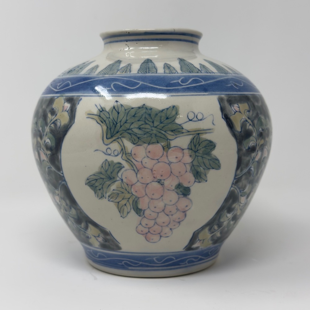 Vintage Chinese Porcelain Vase Pink Grapes Blue White Chinoiserie